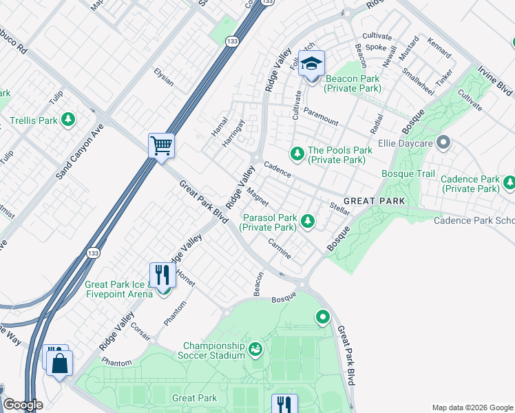 map of restaurants, bars, coffee shops, grocery stores, and more near 126 Interval in Irvine