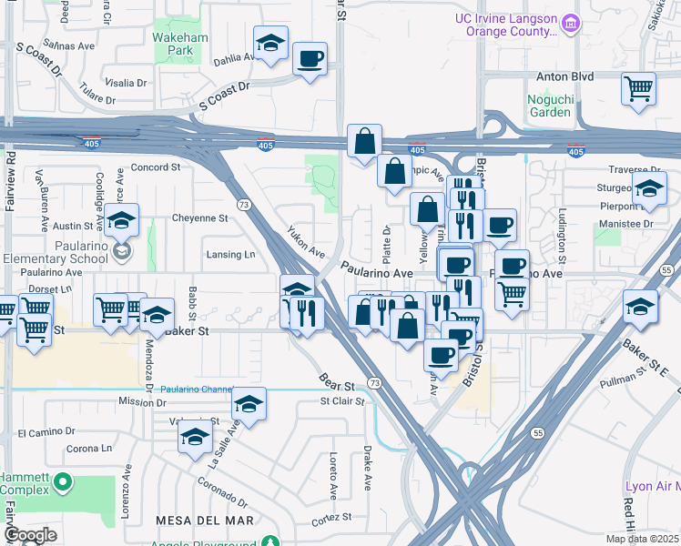 map of restaurants, bars, coffee shops, grocery stores, and more near 845 Paularino Avenue in Costa Mesa