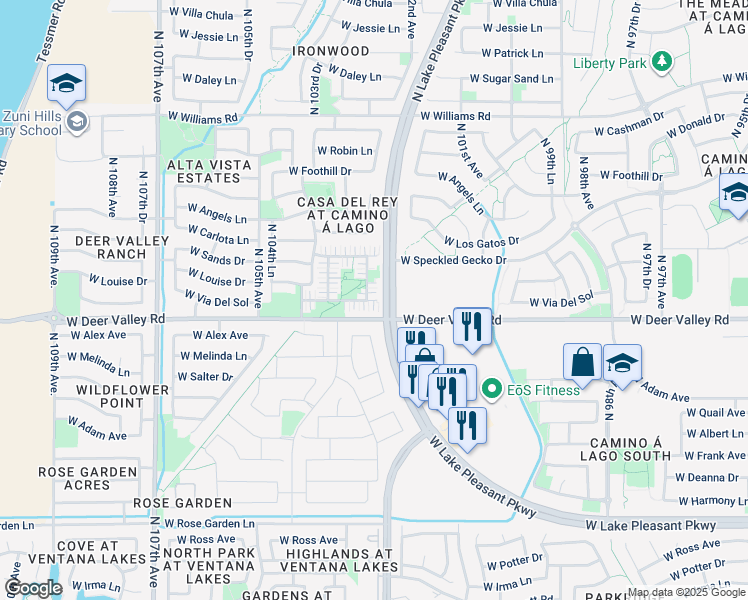 map of restaurants, bars, coffee shops, grocery stores, and more near 9942 West Vía Del Sol in Peoria