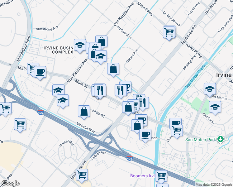 map of restaurants, bars, coffee shops, grocery stores, and more near 2555 Siglo in Irvine