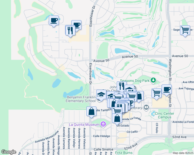 map of restaurants, bars, coffee shops, grocery stores, and more near 50275 Valencia Court in La Quinta