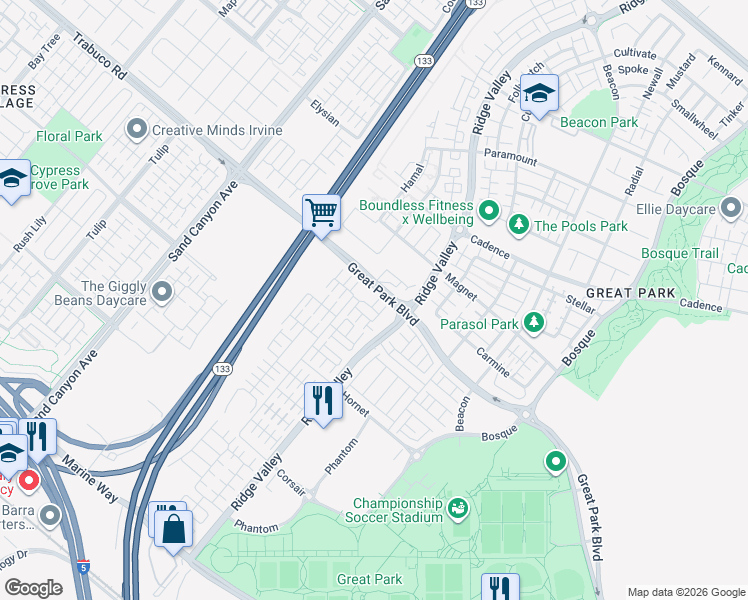 map of restaurants, bars, coffee shops, grocery stores, and more near 104 Coastal Garden in Irvine
