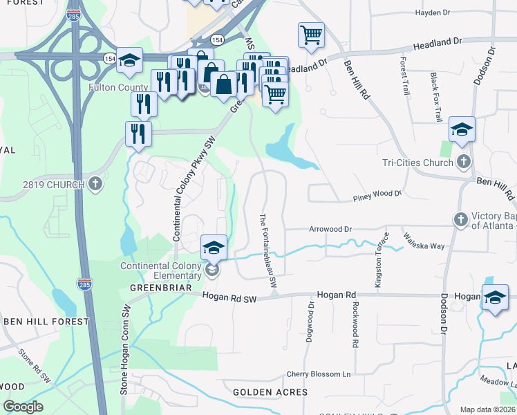 map of restaurants, bars, coffee shops, grocery stores, and more near 2701 The Fontainebleau Southwest in Atlanta