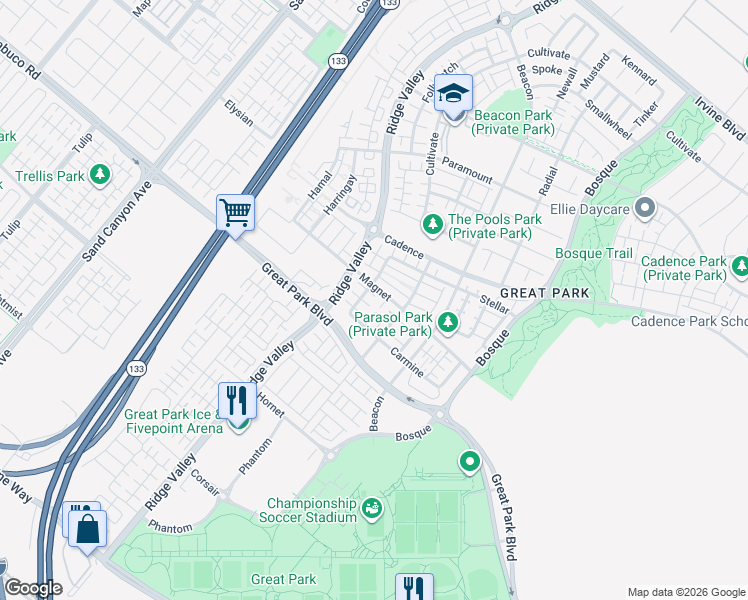 map of restaurants, bars, coffee shops, grocery stores, and more near 126 Interval in Irvine