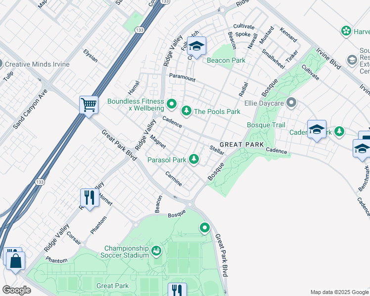map of restaurants, bars, coffee shops, grocery stores, and more near 747 Beacon in Irvine