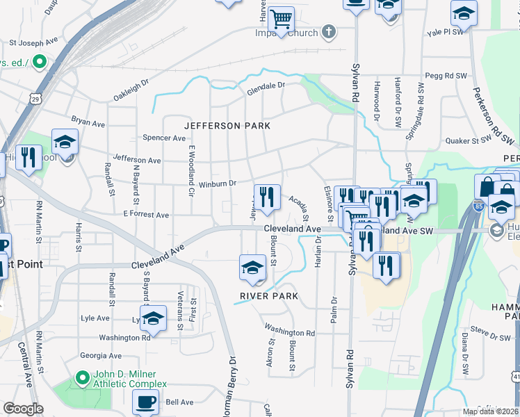 map of restaurants, bars, coffee shops, grocery stores, and more near 2666 Jewel Street in East Point