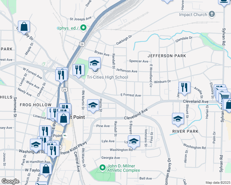 map of restaurants, bars, coffee shops, grocery stores, and more near 1365 E Forrest Ave in East Point