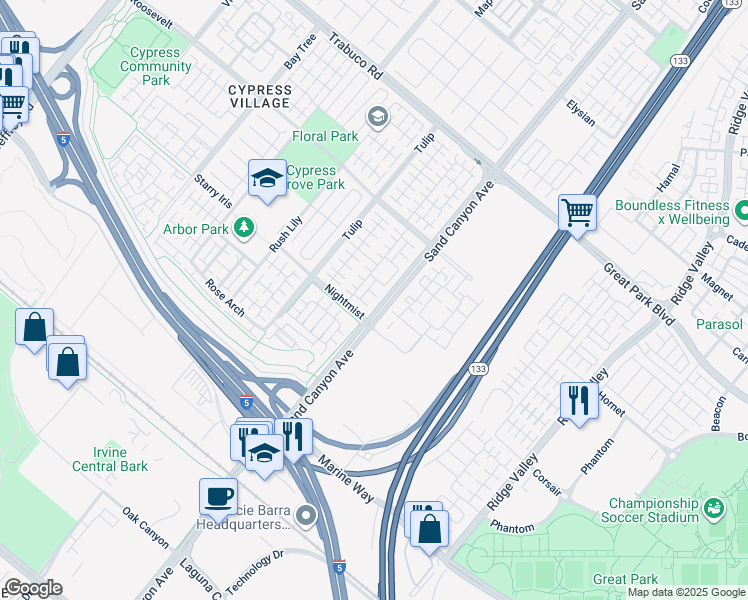 map of restaurants, bars, coffee shops, grocery stores, and more near 7535 Irvine Center Drive in Irvine