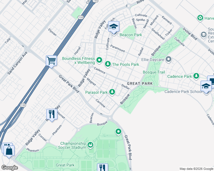map of restaurants, bars, coffee shops, grocery stores, and more near 755 Beacon in Irvine
