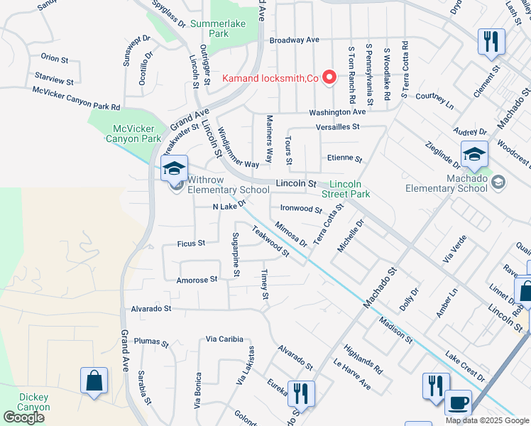 map of restaurants, bars, coffee shops, grocery stores, and more near 30025 Carob Street in Lake Elsinore