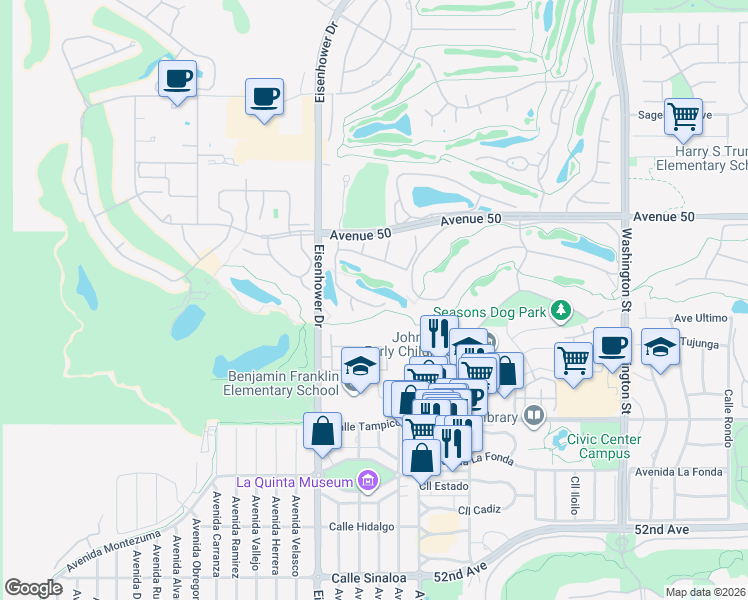 map of restaurants, bars, coffee shops, grocery stores, and more near 50330 Valencia Court in La Quinta