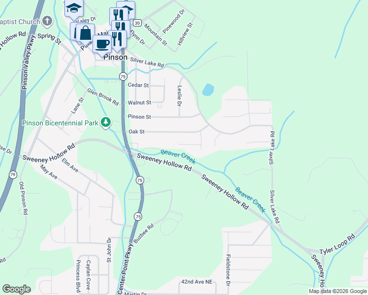 map of restaurants, bars, coffee shops, grocery stores, and more near 4421 Oak Lane Circle in Pinson