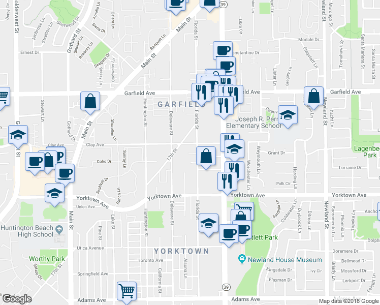 map of restaurants, bars, coffee shops, grocery stores, and more near 615 Terrace Circle in Huntington Beach