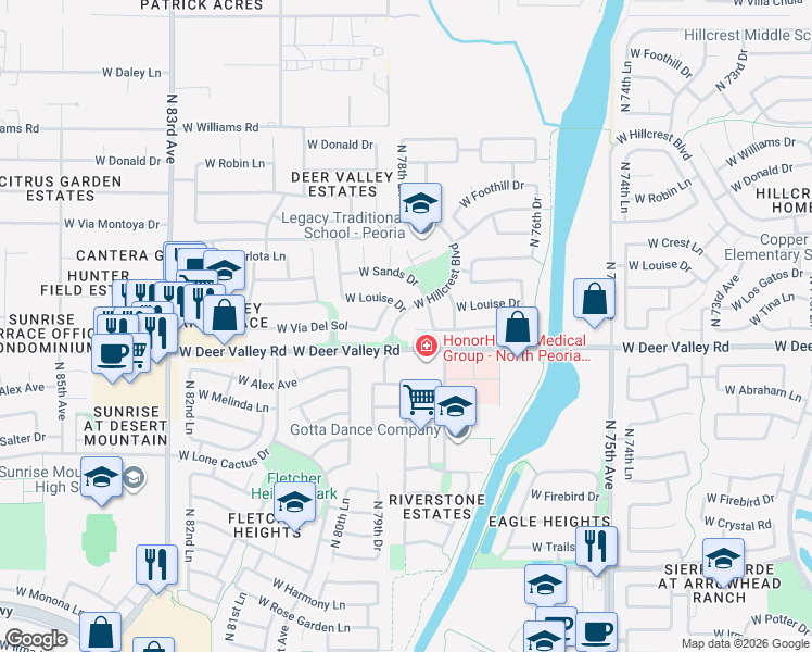 map of restaurants, bars, coffee shops, grocery stores, and more near 7856 West Vía Del Sol in Peoria
