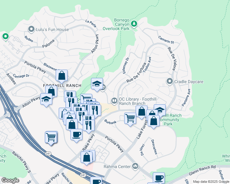 map of restaurants, bars, coffee shops, grocery stores, and more near 50 Tavella Place in Lake Forest