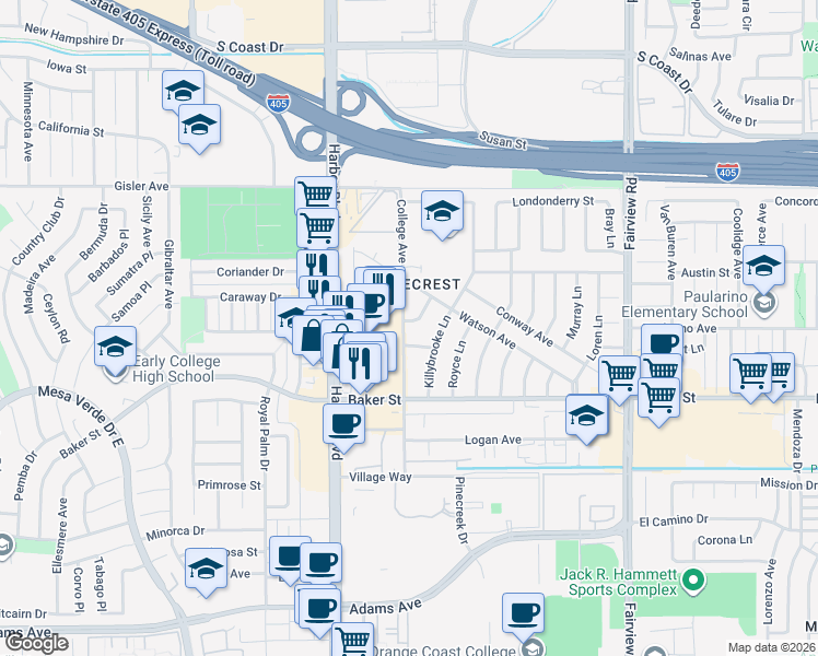map of restaurants, bars, coffee shops, grocery stores, and more near 1399 Shannon Lane in Costa Mesa