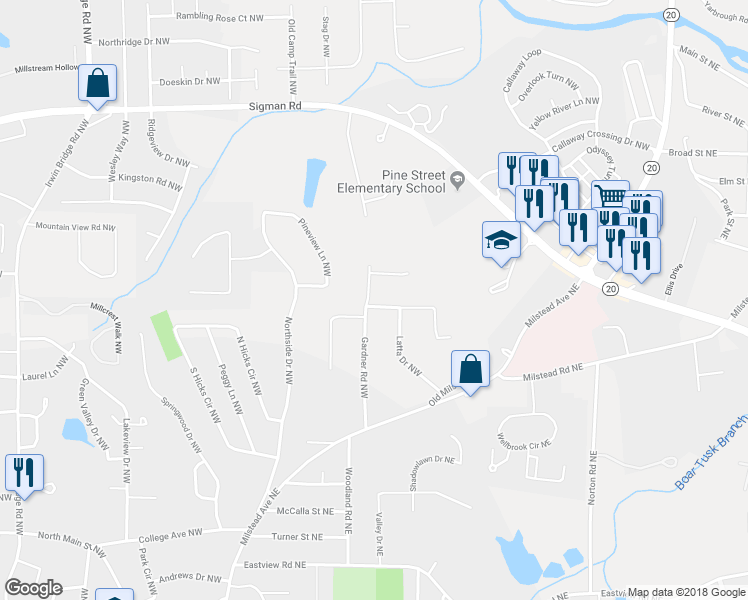 map of restaurants, bars, coffee shops, grocery stores, and more near 1447 Gardner Road Northwest in Conyers