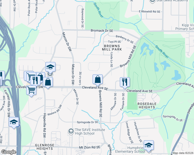 map of restaurants, bars, coffee shops, grocery stores, and more near 2641 Browns Mill Road Southeast in Atlanta