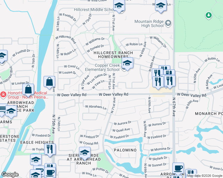 map of restaurants, bars, coffee shops, grocery stores, and more near 21907 North 71st Lane in Glendale