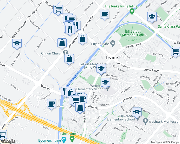 map of restaurants, bars, coffee shops, grocery stores, and more near 65 Costero Aisle in Irvine