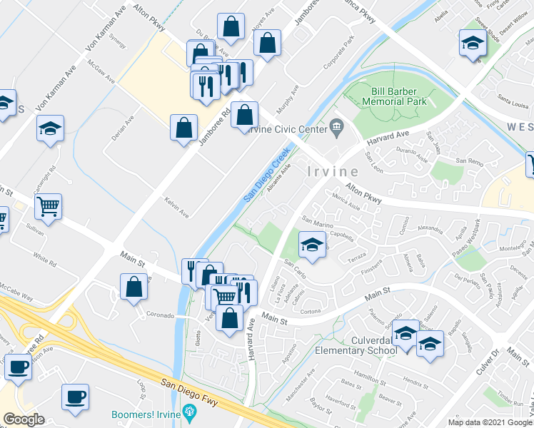 map of restaurants, bars, coffee shops, grocery stores, and more near 65 Costero Aisle in Irvine