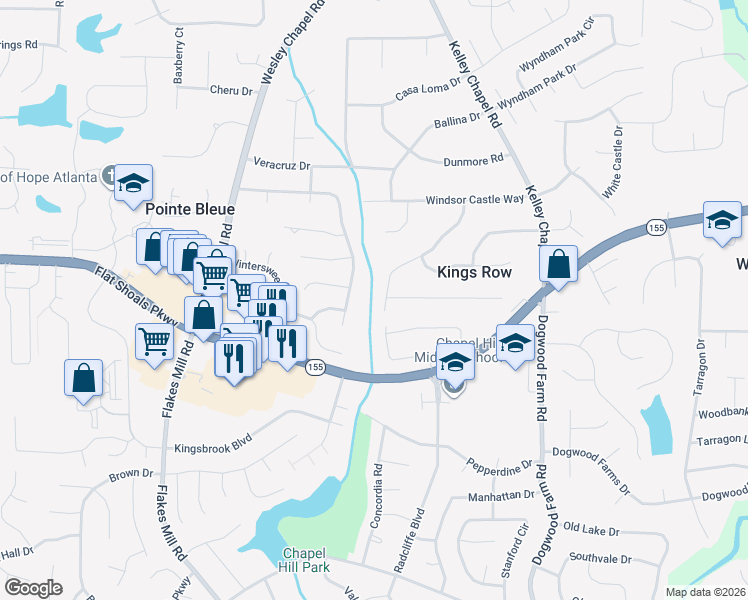 map of restaurants, bars, coffee shops, grocery stores, and more near 3481 Charlemagne Drive in Decatur