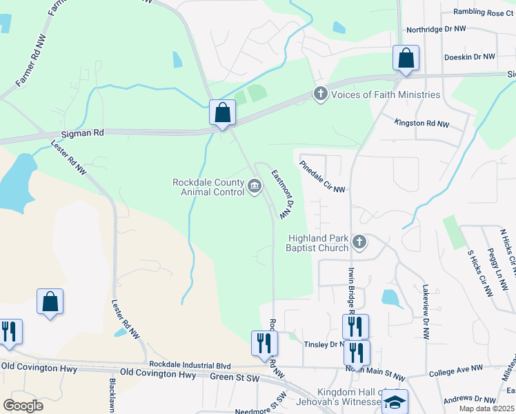 map of restaurants, bars, coffee shops, grocery stores, and more near 1496 Rockbridge Road Northwest in Conyers