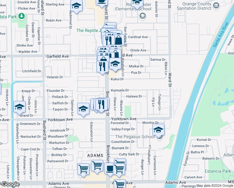 map of restaurants, bars, coffee shops, grocery stores, and more near 19292 Olana Lane in Huntington Beach