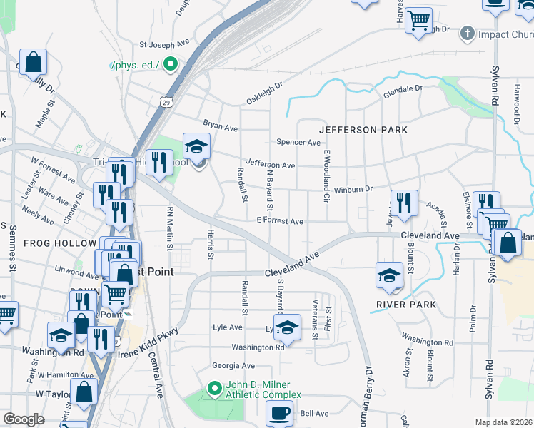 map of restaurants, bars, coffee shops, grocery stores, and more near 1325 East Forrest Avenue in East Point
