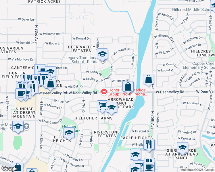 map of restaurants, bars, coffee shops, grocery stores, and more near 21915 North 78th Drive in Peoria