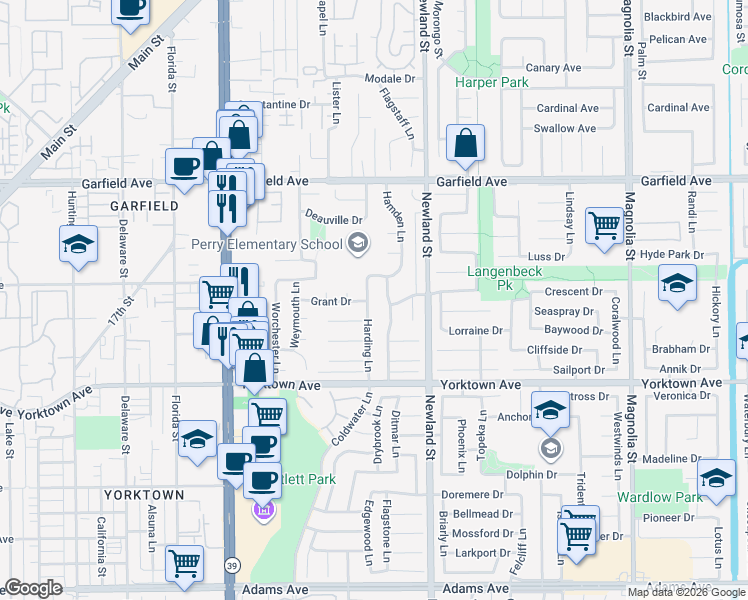 map of restaurants, bars, coffee shops, grocery stores, and more near 19282 Harding Lane in Huntington Beach