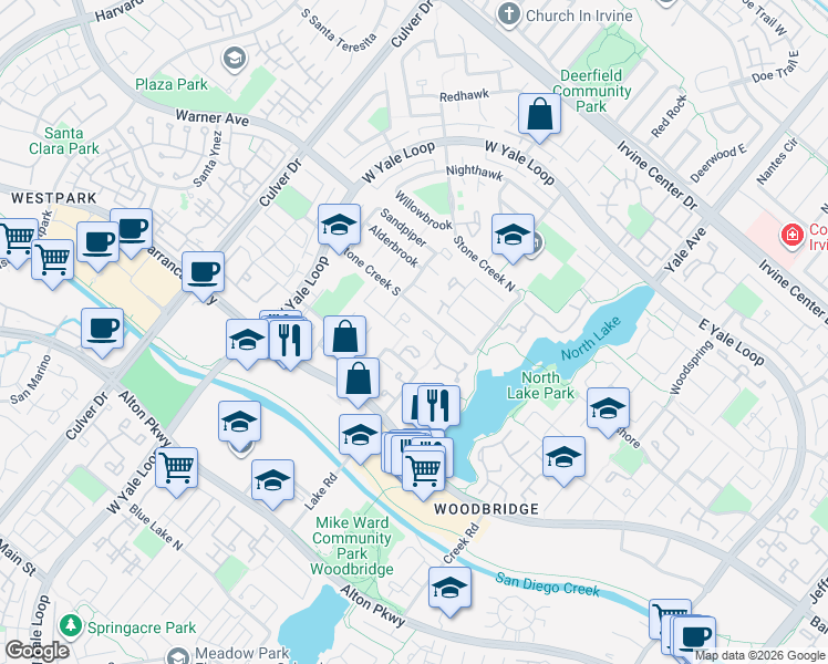 map of restaurants, bars, coffee shops, grocery stores, and more near 18 Driftwood in Irvine