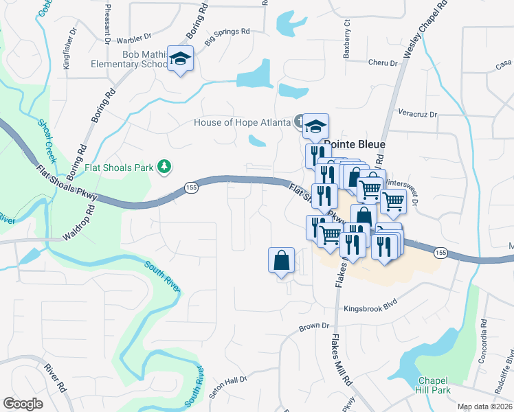 map of restaurants, bars, coffee shops, grocery stores, and more near 3443 Chapel Park Drive in Decatur