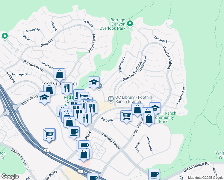 map of restaurants, bars, coffee shops, grocery stores, and more near 50 Tavella Place in Lake Forest