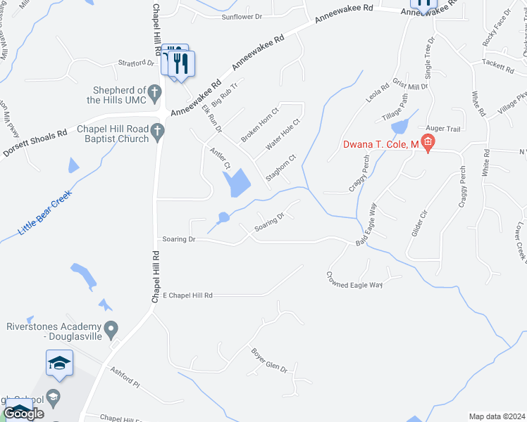 map of restaurants, bars, coffee shops, grocery stores, and more near 4526 Aerie Lane in Douglasville