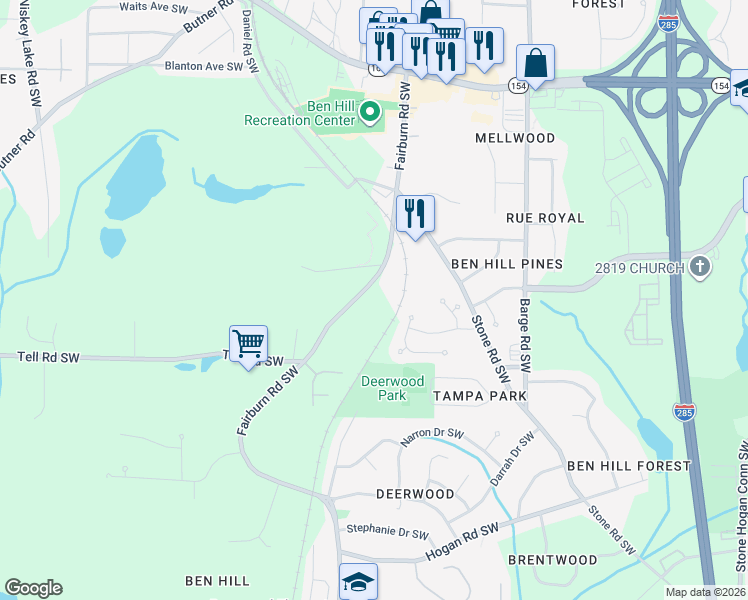map of restaurants, bars, coffee shops, grocery stores, and more near 2636 Fairburn Road Southwest in Atlanta