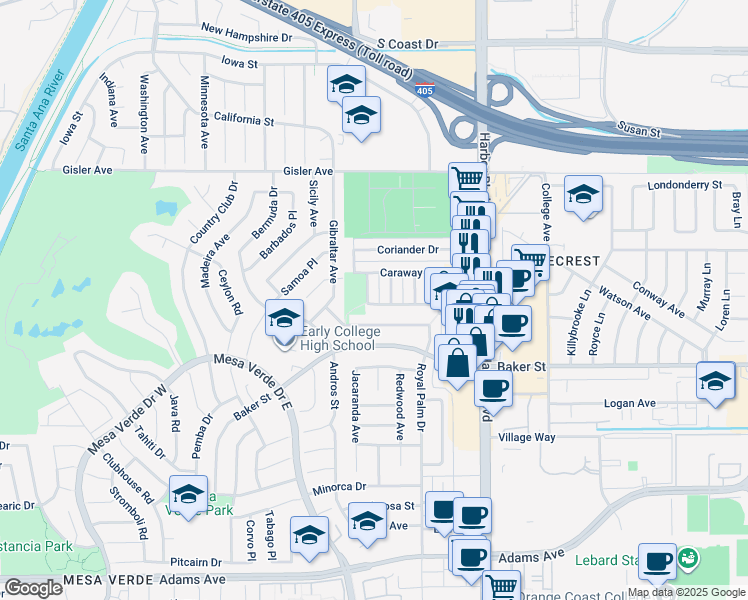 map of restaurants, bars, coffee shops, grocery stores, and more near 3094 Coral Avenue in Costa Mesa