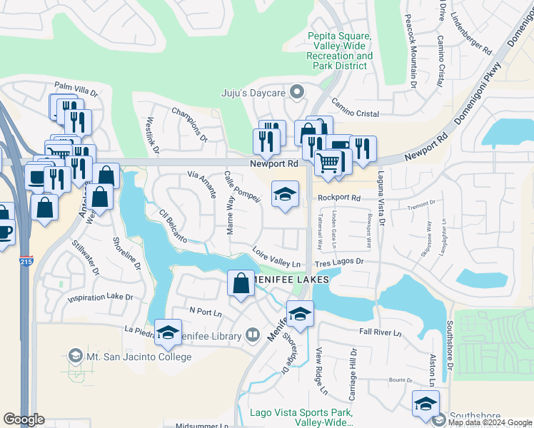 map of restaurants, bars, coffee shops, grocery stores, and more near 30176 Calle Pompeii in Menifee