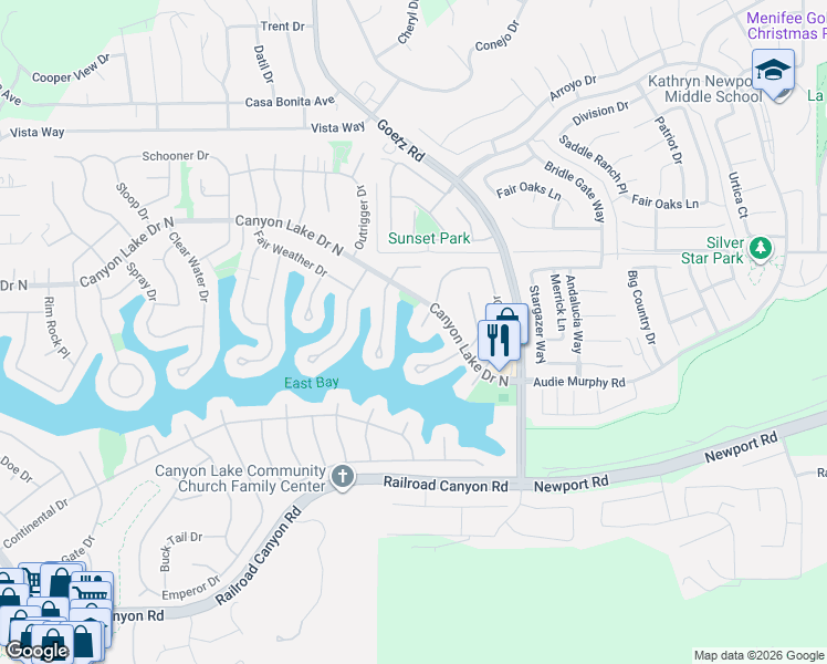 map of restaurants, bars, coffee shops, grocery stores, and more near 30199 Windward Drive in Canyon Lake