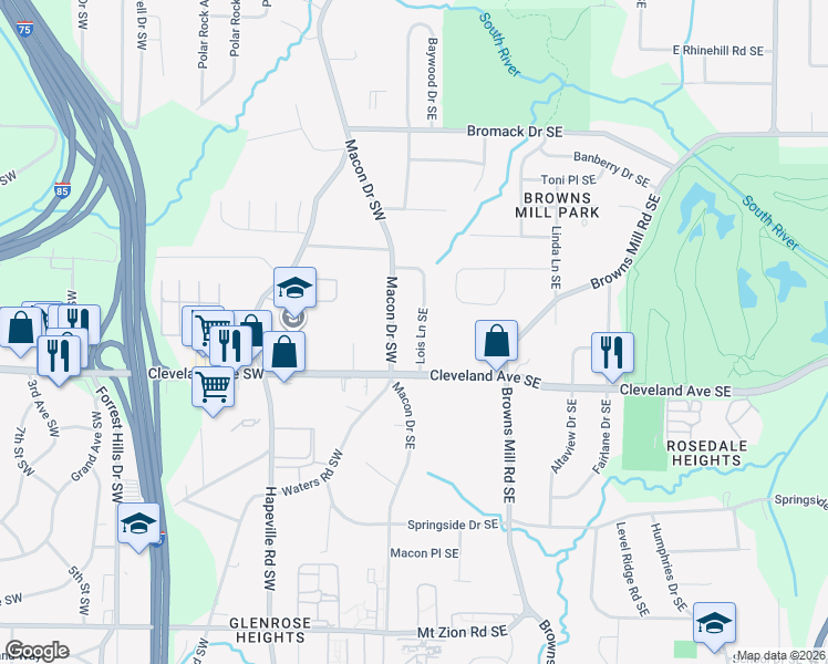 map of restaurants, bars, coffee shops, grocery stores, and more near 2650 Macon Drive Southwest in Atlanta