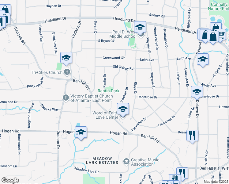 map of restaurants, bars, coffee shops, grocery stores, and more near 2670 Harmony Way in East Point