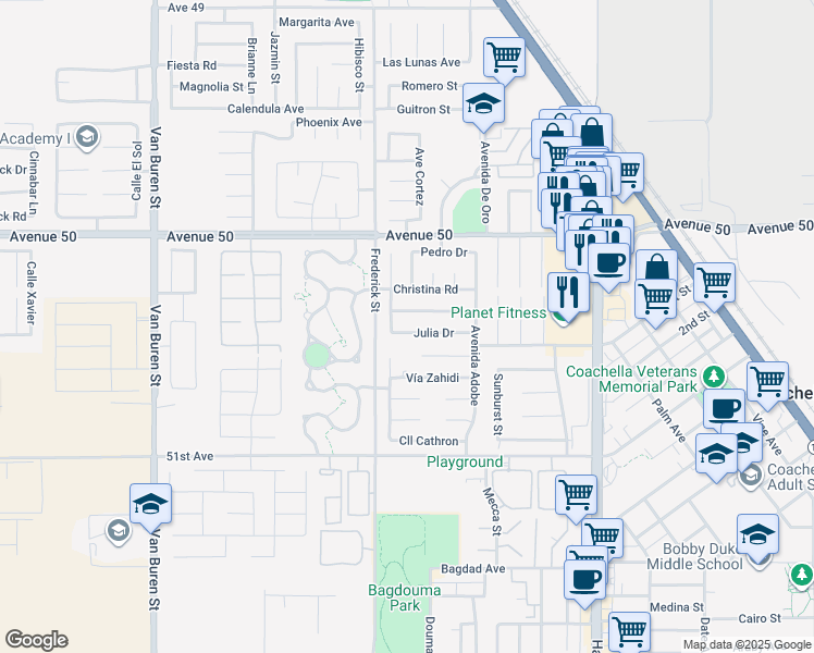 map of restaurants, bars, coffee shops, grocery stores, and more near 84474 Julia Drive in Coachella