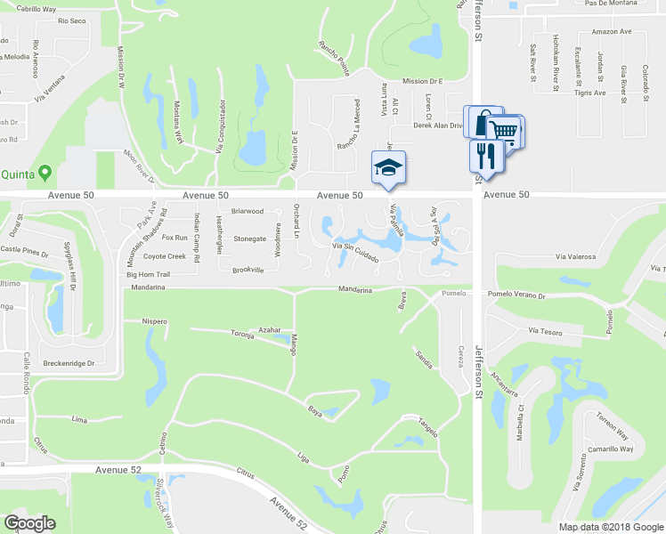 map of restaurants, bars, coffee shops, grocery stores, and more near 50330 Vía Puente in La Quinta