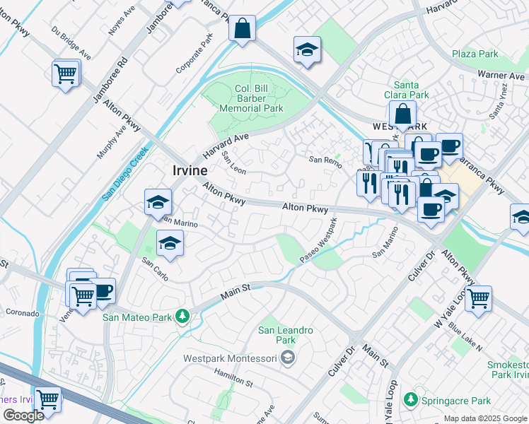 map of restaurants, bars, coffee shops, grocery stores, and more near 14 Alcira in Irvine