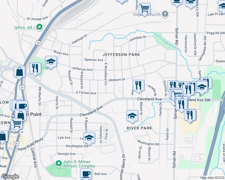 map of restaurants, bars, coffee shops, grocery stores, and more near 2665 Jefferson Terrace in East Point