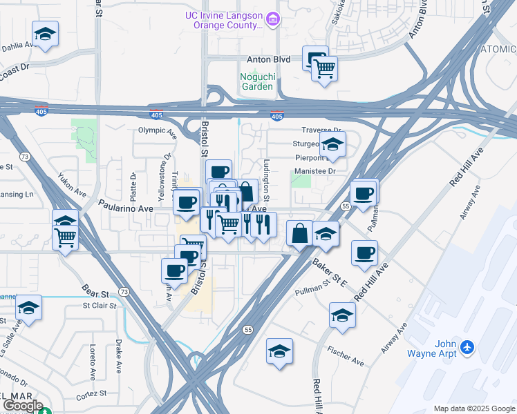 map of restaurants, bars, coffee shops, grocery stores, and more near 616 Brookview Way in Costa Mesa