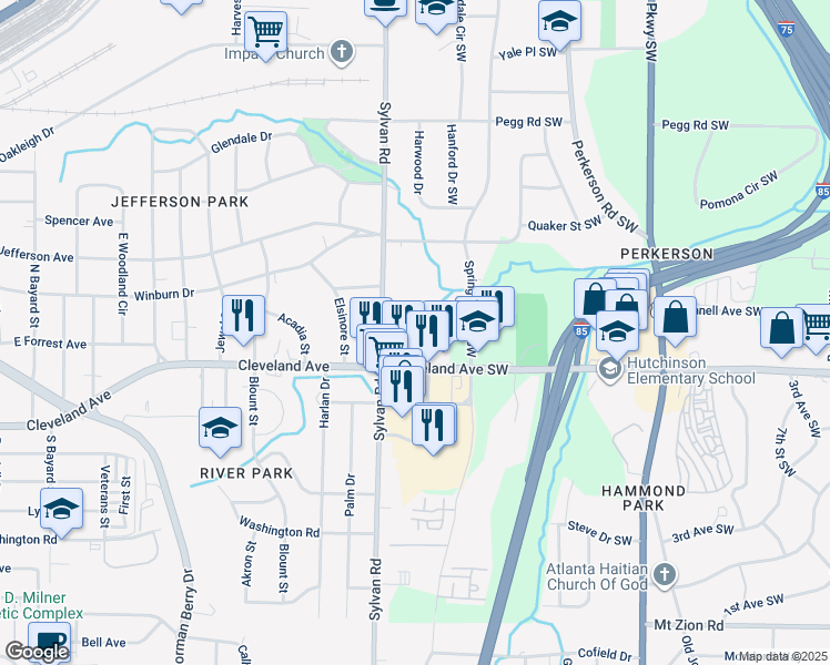 map of restaurants, bars, coffee shops, grocery stores, and more near 856 Glenway Drive Southwest in East Point