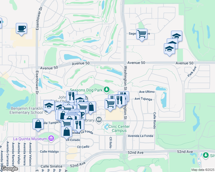 map of restaurants, bars, coffee shops, grocery stores, and more near 78328 Calle Las Ramblas in La Quinta