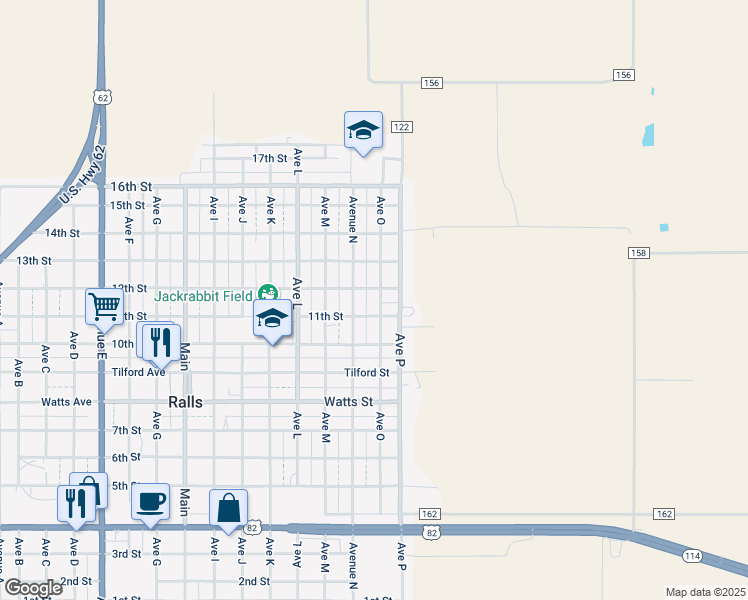 map of restaurants, bars, coffee shops, grocery stores, and more near 1111 Avenue O in Ralls