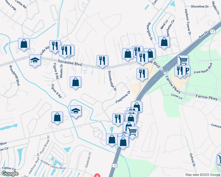map of restaurants, bars, coffee shops, grocery stores, and more near 102 Sand Pebble Lane in Myrtle Beach